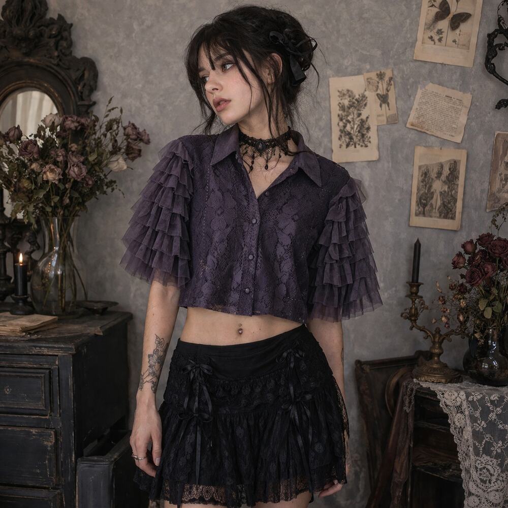 Free People Sz S Madonna Black Lace Cropped Ruffle Whimsygoth Dark Romantic Top